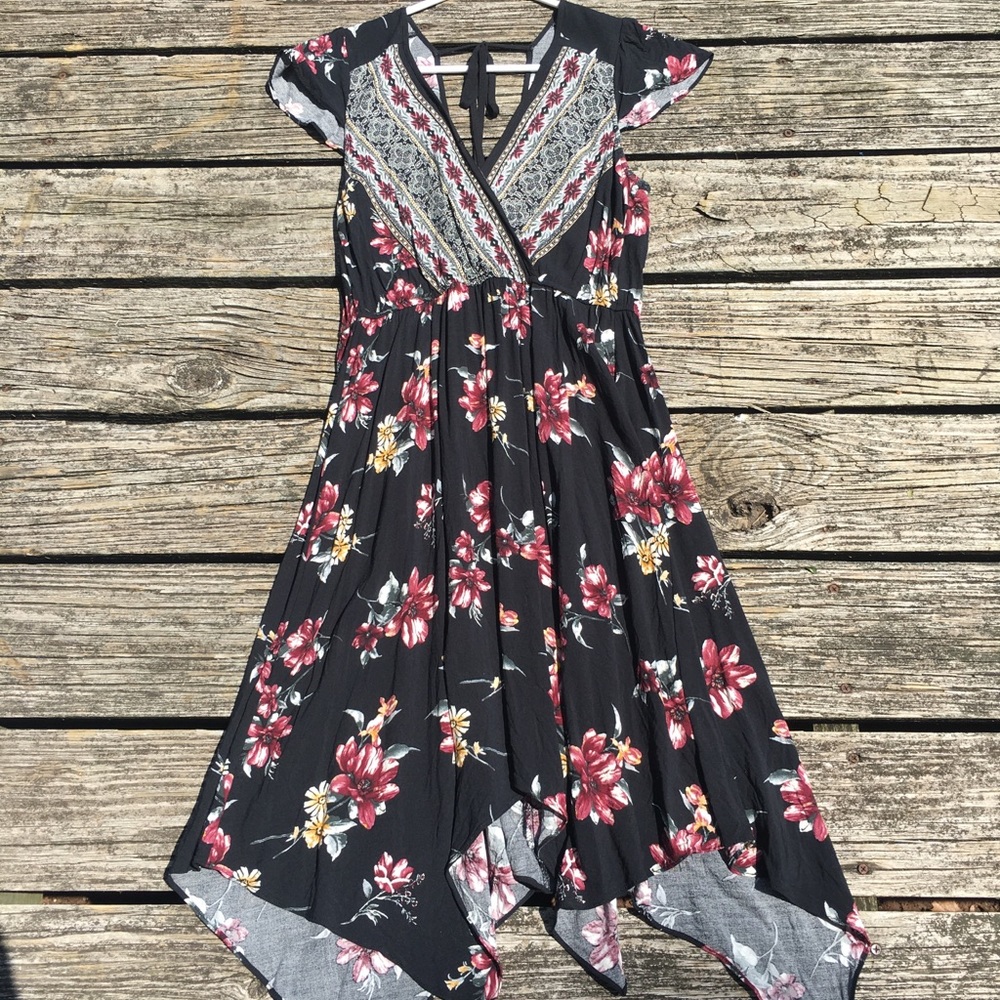 Xhiliration | Burgundy Floral Handkerchief Dress